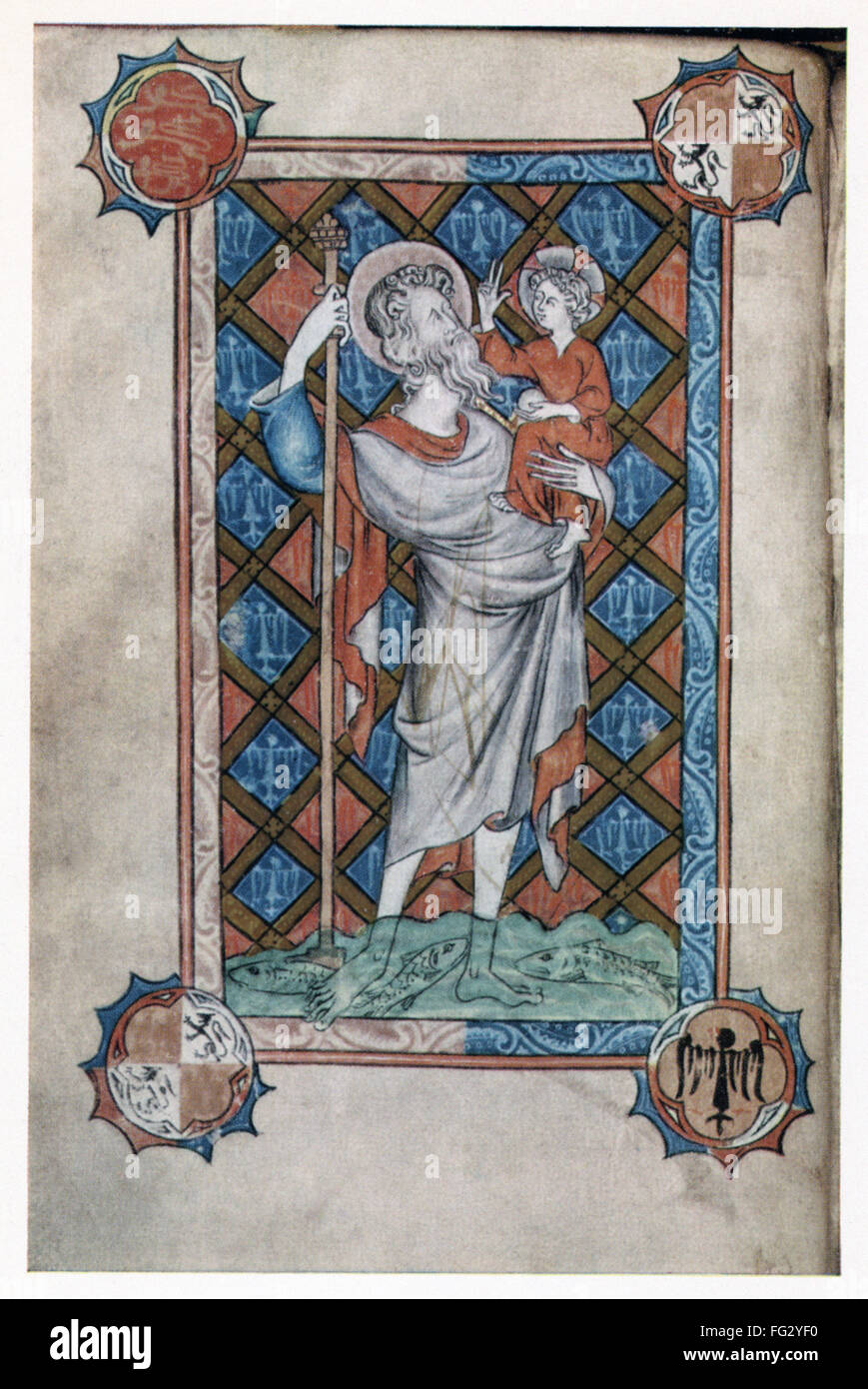 SAINT CHRISTOPHER. /nEarly Christian martyr. St. Christopher and the Christ child. Illumination from a Book of Hours, English, c1325. Stock Photo