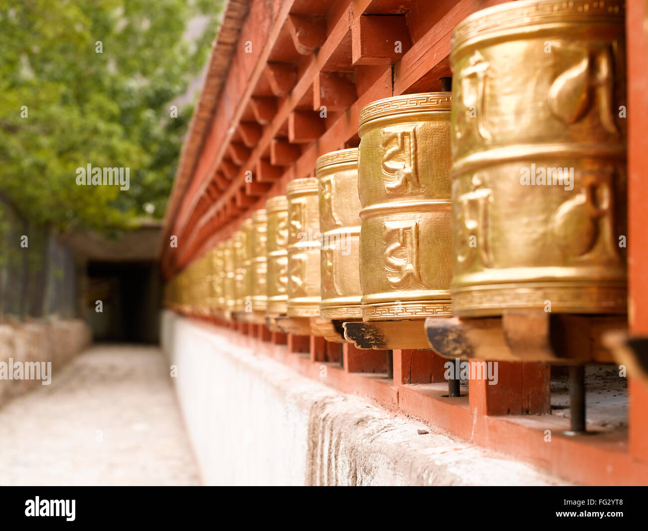 Prayer wheels in alchi  monastery ; Ladakh ; Jammu and Kashmir ; India Stock Photo