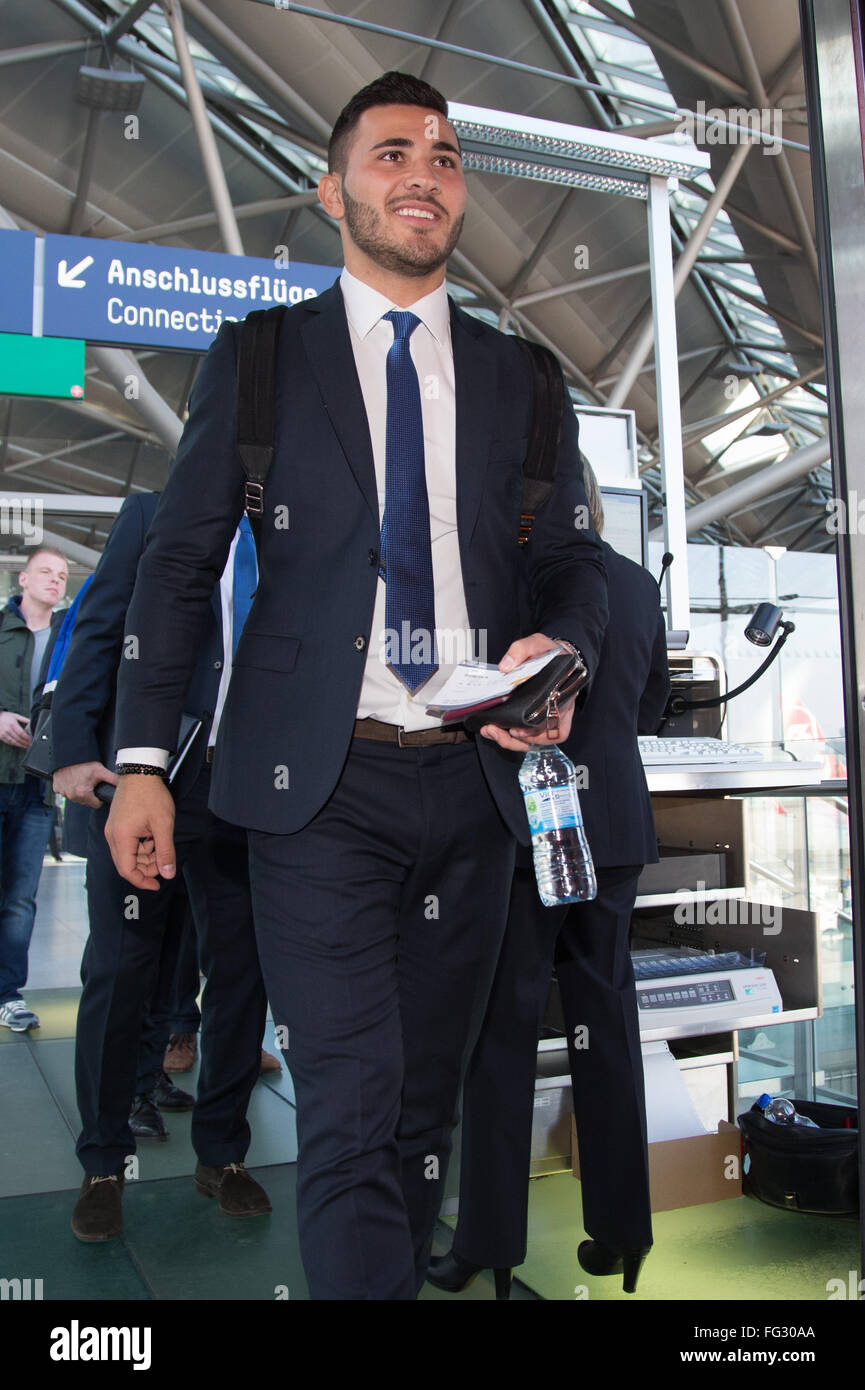 Cologne, Germany. 17th Feb, 2016. Schalke's Sead Kolasinac arrives to board a plane at Cologne Bonn Airport in Cologne, Germany, 17 February 2016, prior to the UEFA Europa League match between FC Shakhtar Donetsk and FC Schalke 04 in Lviv, Ukraine. Photo: Friso Gentsch/dpa/Alamy Live News Stock Photo