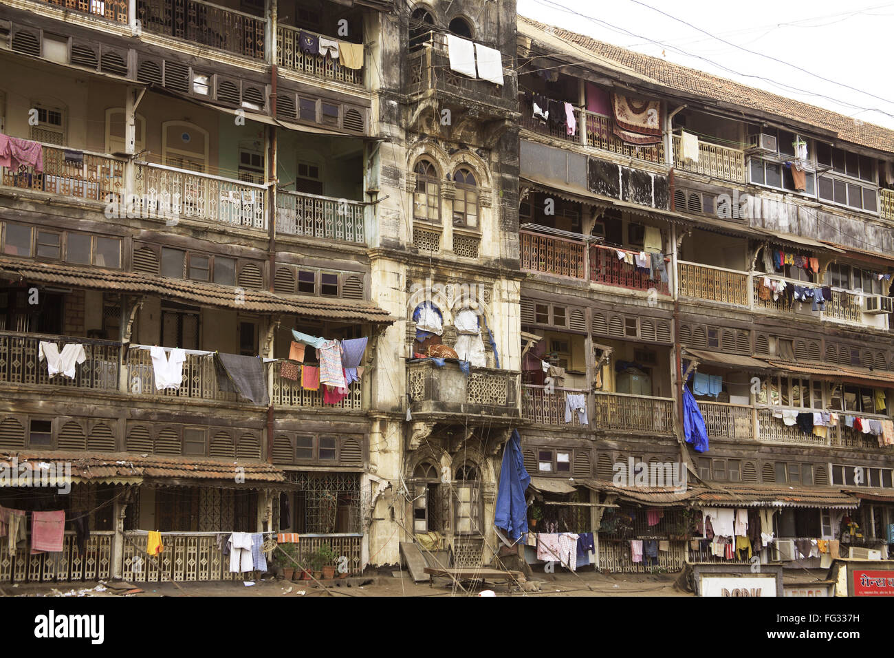 Chawl Pannalal clothes drying in balcony , Bombay Mumbai , Maharashtra , India Stock Photo
