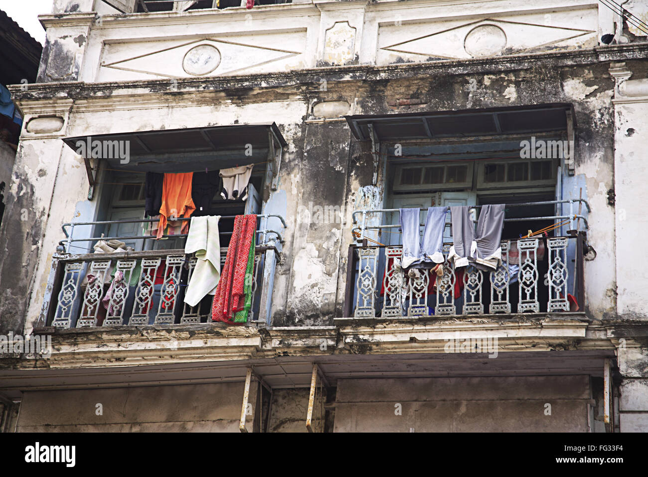 Abhyankar chawl clothes drying in balcony , Bombay Mumbai , Maharashtra , India Stock Photo