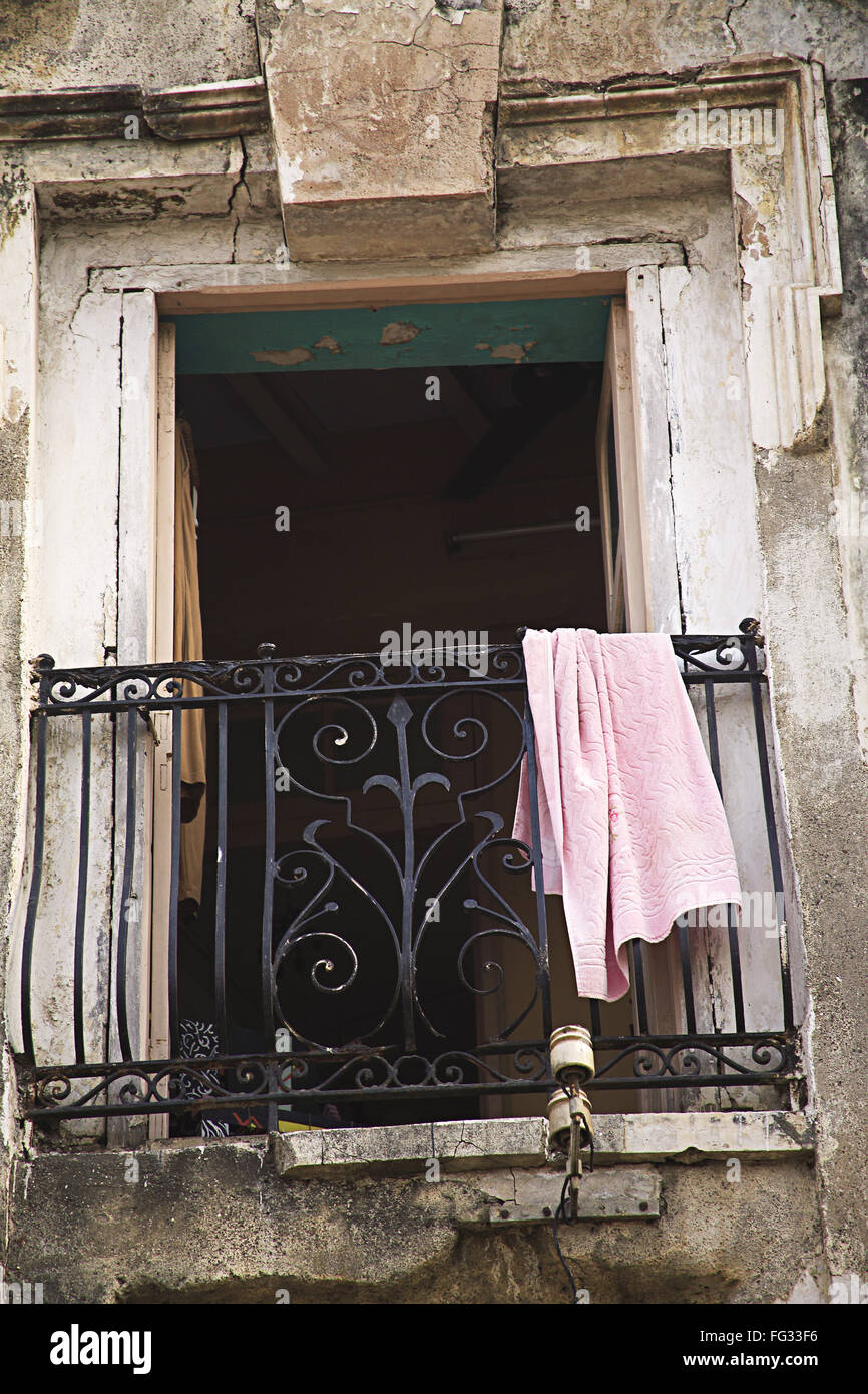 Abhyankar chawl clothes drying in balcony , Bombay Mumbai , Maharashtra , India Stock Photo