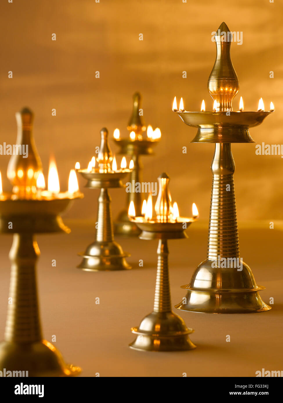 Brass lamps decoration during diwali festival ; India Stock Photo