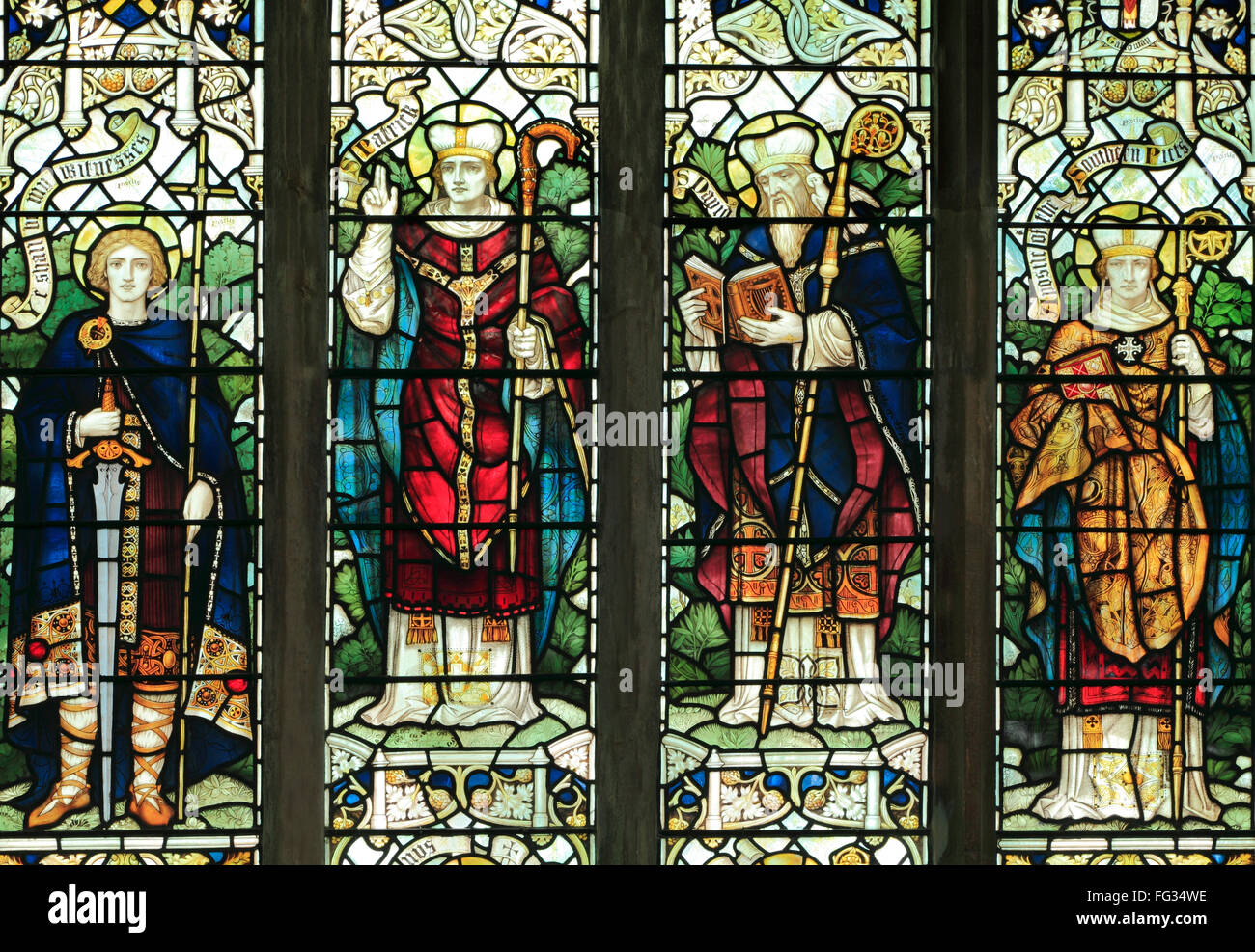 St. Alban, St. Patrick, St. David, St. Ninian, stained glass window by J. Powell & son, 1900,  Blakeney, Norfolk, England, UK Stock Photo