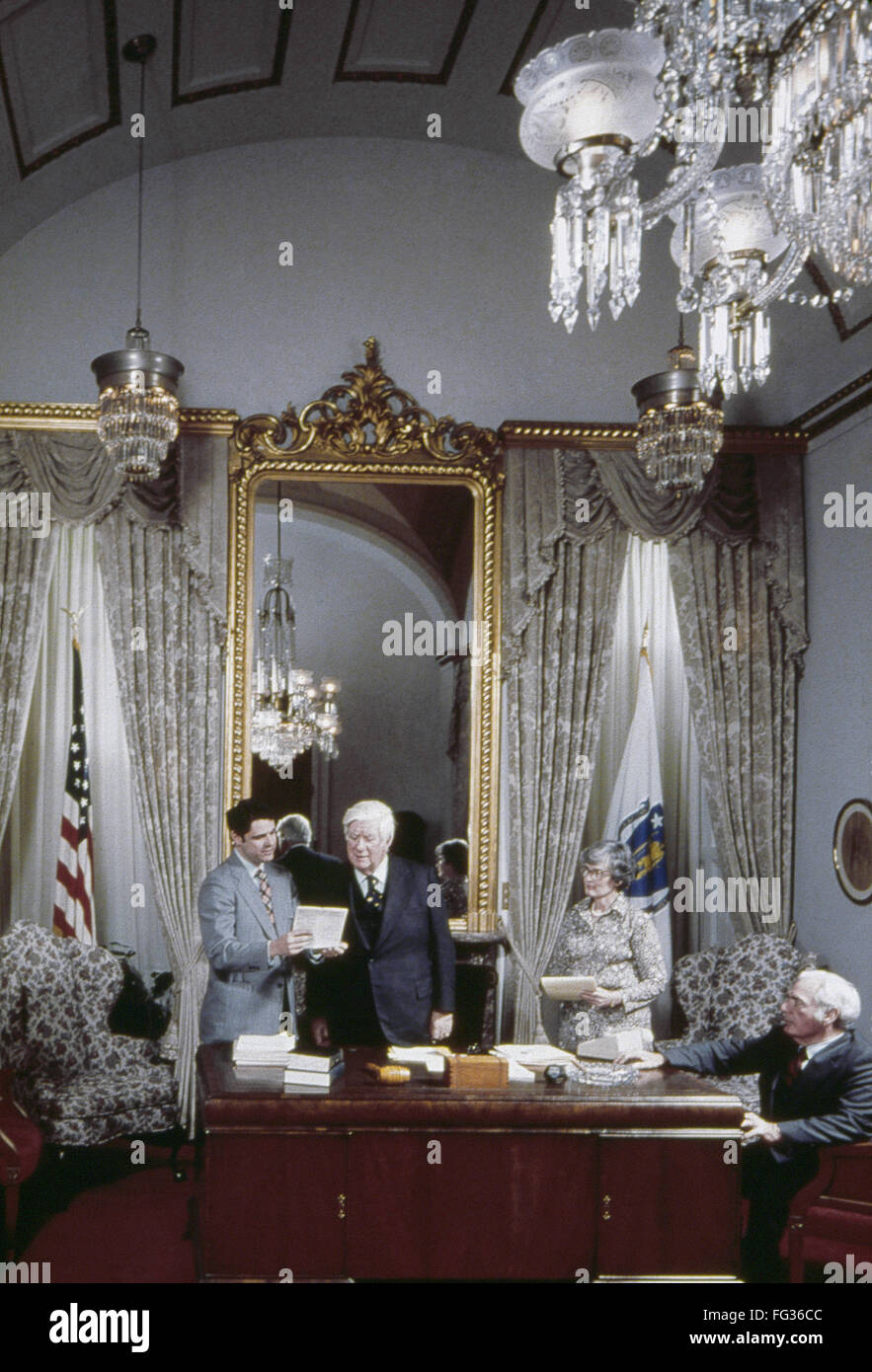 THOMAS PHILLIP O'NEILL /n(1912-1994). Known as Tip. American politician. Conferring with aides in his office at the U.S. Capitol in Washington, D.C., while serving as Speaker of the House of Representatives. Photographed c1978. Stock Photo