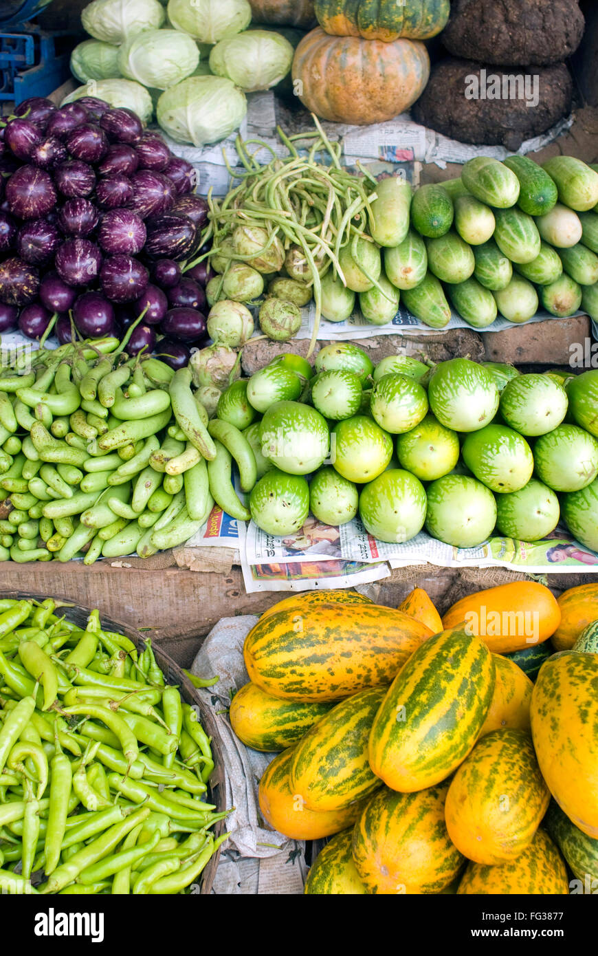 Fresh vegetables for sale cucumber cabbage  chillies brinjal ; Sullia ; Mangalore ; Karnataka ; India Stock Photo