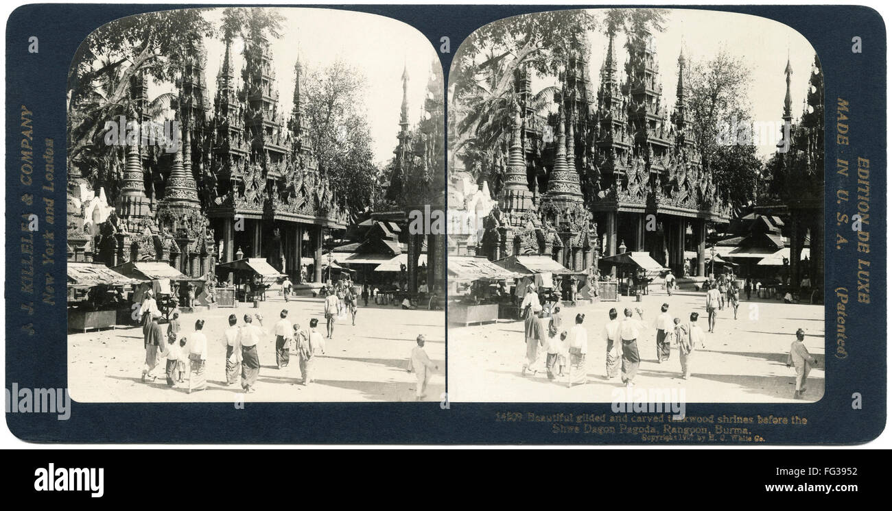 BURMA: YANGON, c1910. /n'Beautiful gilded and carved teakwood shrines before the Shwe Dagon Pagoda, Rangoon, Burma.' Stereograph, c1910. Stock Photo