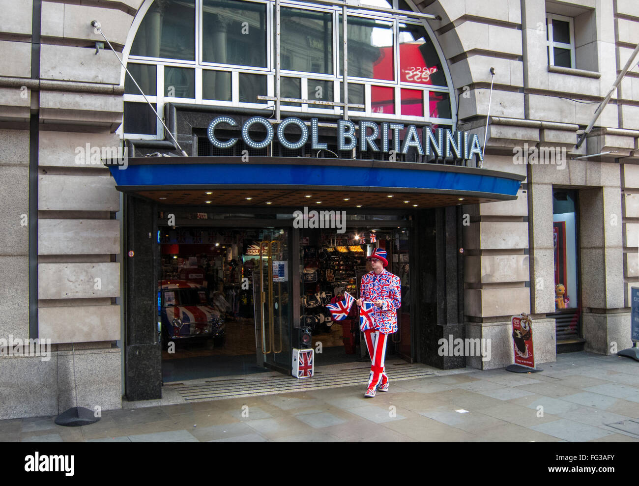 London high street man standing in union jack outfit. Stock Photo