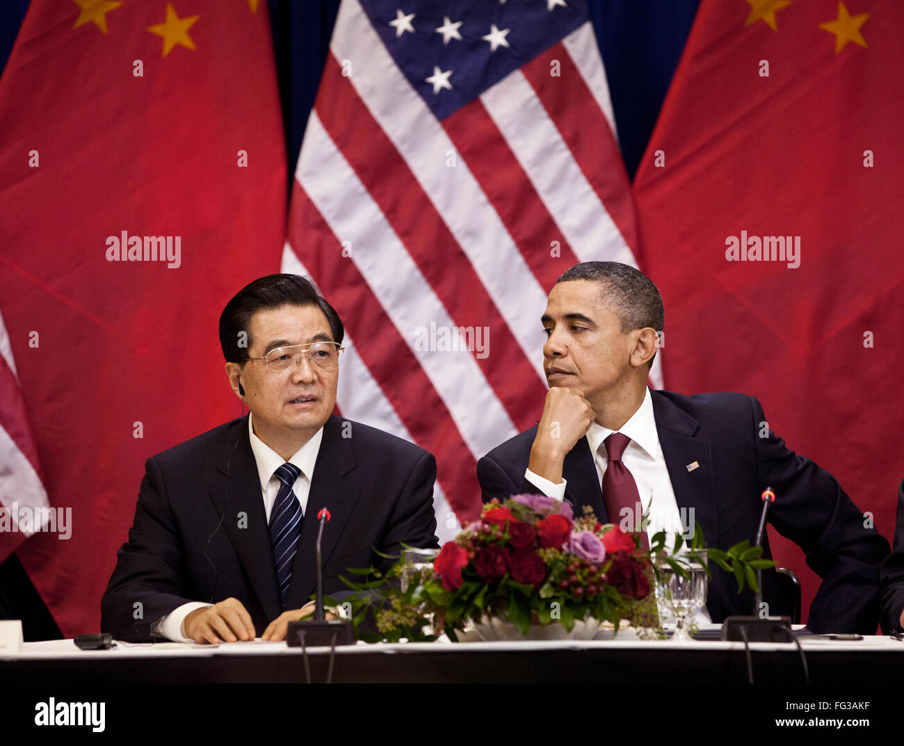 HU AND OBAMA, 2011. /nPresident Hu Jintao of China and President Barack Obama at a meeting in Washington, D.C. Photograph, 19 January 2011. Stock Photo