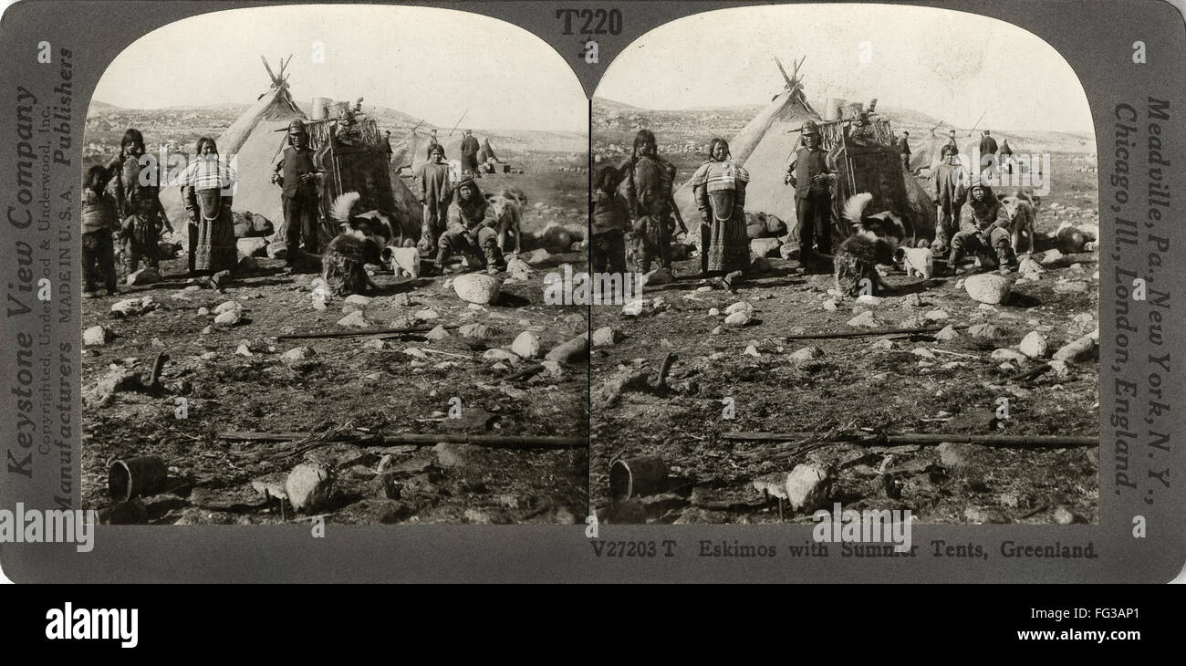 GREENLAND: INUIT, c1920. /n'Eskimos with summer tents, Greenland.' Stereograph, c1920. Stock Photo