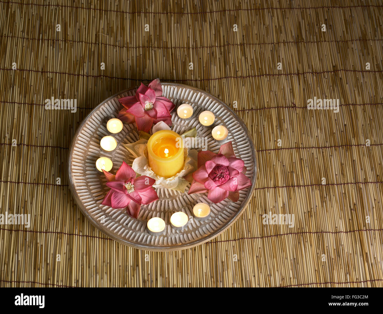 Aarti Thali prayer utensil on the wooden mat Stock Photo