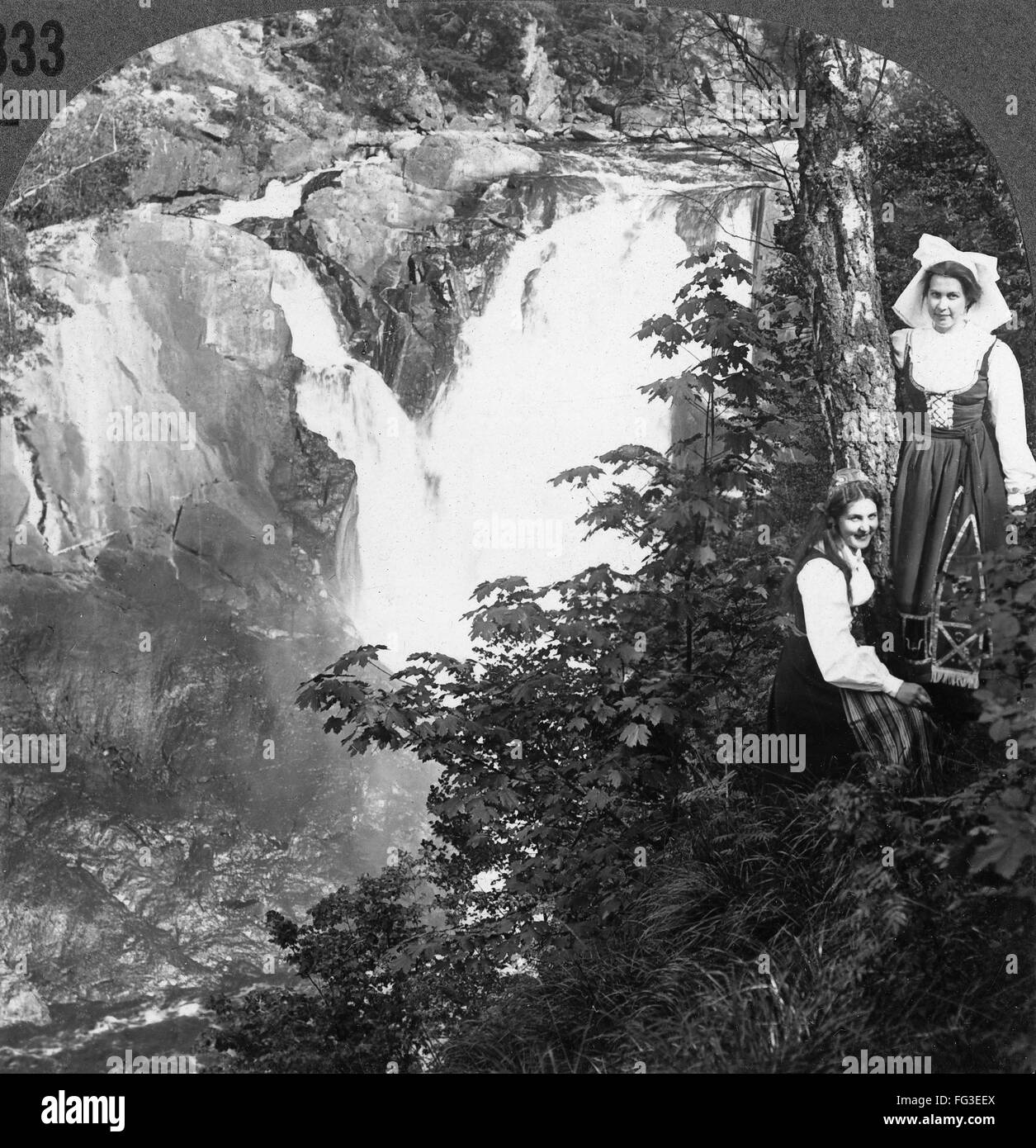 SWEDEN: HUSKVARNA FALLS. /nTwo women posed before the Huskvana Falls near Jonkoping, Sweden. Stereograph, c1900. Stock Photo