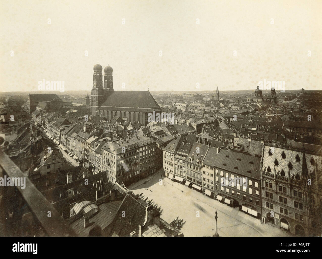 GERMANY: MUNICH. /nView of the Marienplatz, New Town Hall and the Frauenkirche in Munich, Germany. Photograph, late 19th century. Stock Photo