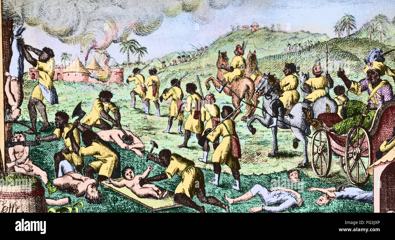 HAITI: MASSACRE, 1791. /nThe massacre of French Haitians during the uprising of the black slaves of Saint Domingue, Haiti, 1791. Line engraving, c1791, digitally colored by Granger, NYC -- All Rights Reserved. Stock Photo