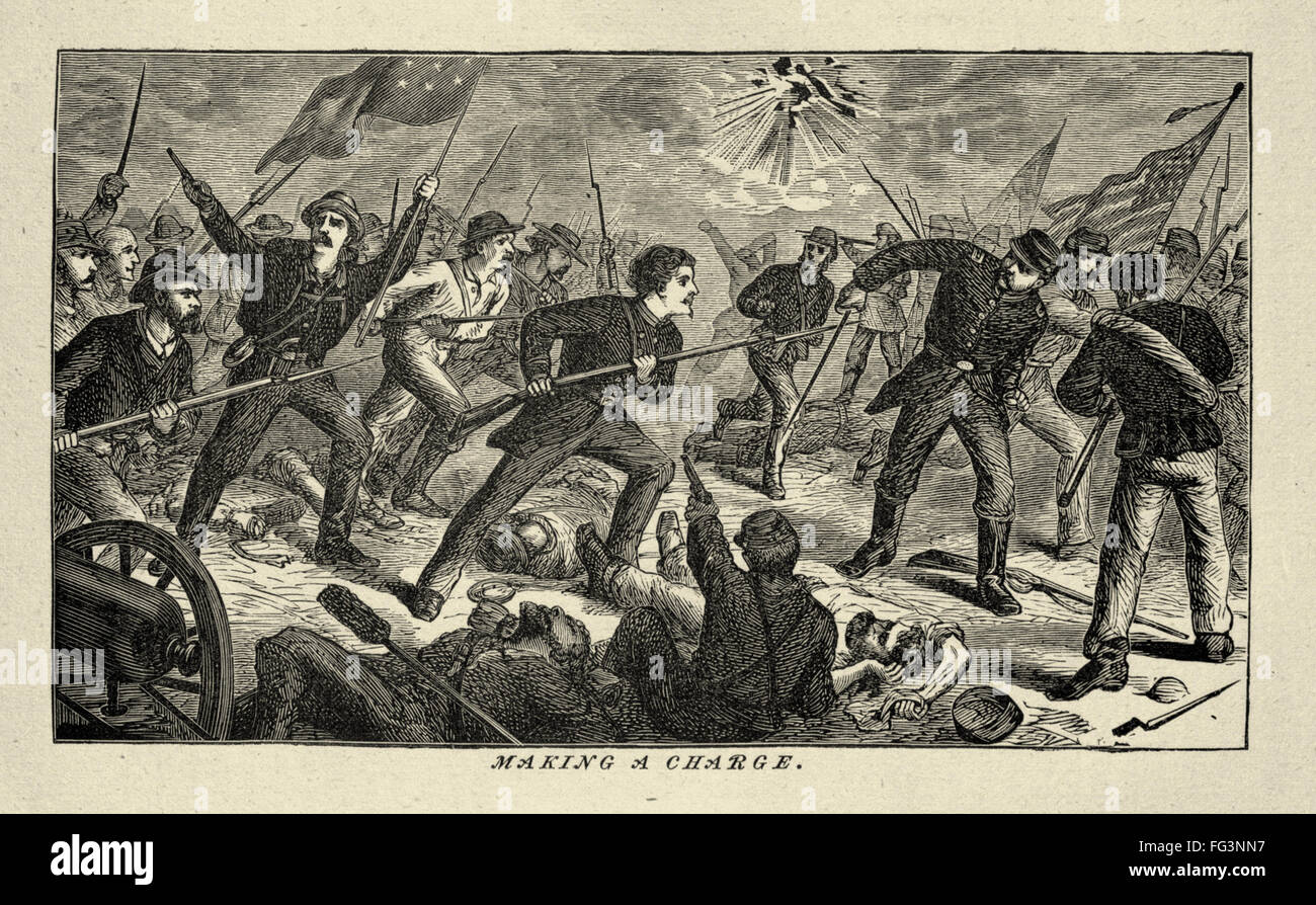 LORETA JANETA VELAZQUEZ /n(1842-1897). Cuban-American woman who served as a soldier for the Confederate Army. Leading a charge at the Battle of Shiloh. Engraving, c1876. Stock Photo