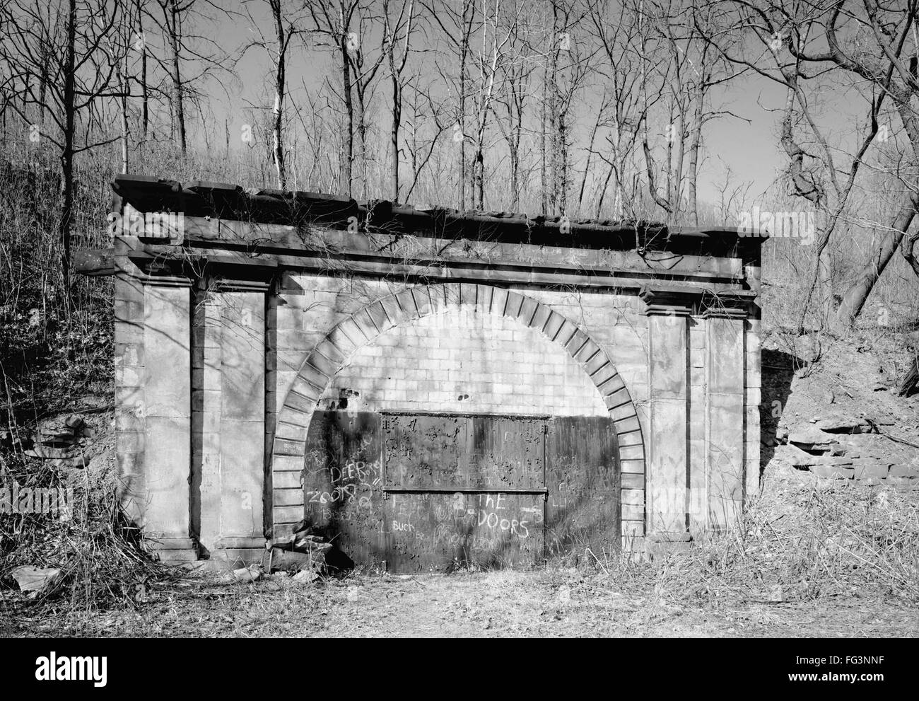 PENNSYLVANIA: TUNNEL, 1987. /nThe south portal of the Staple Bend Tunnel, built for the Allegheny Portage Railroad, in Pennsylvania, c1833. Photograph, 1987. Stock Photo