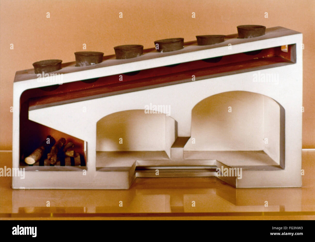 LEONARDO OVEN. /nModel of an oven heating invention, after a drawing by Leonardo Da Vinci, late