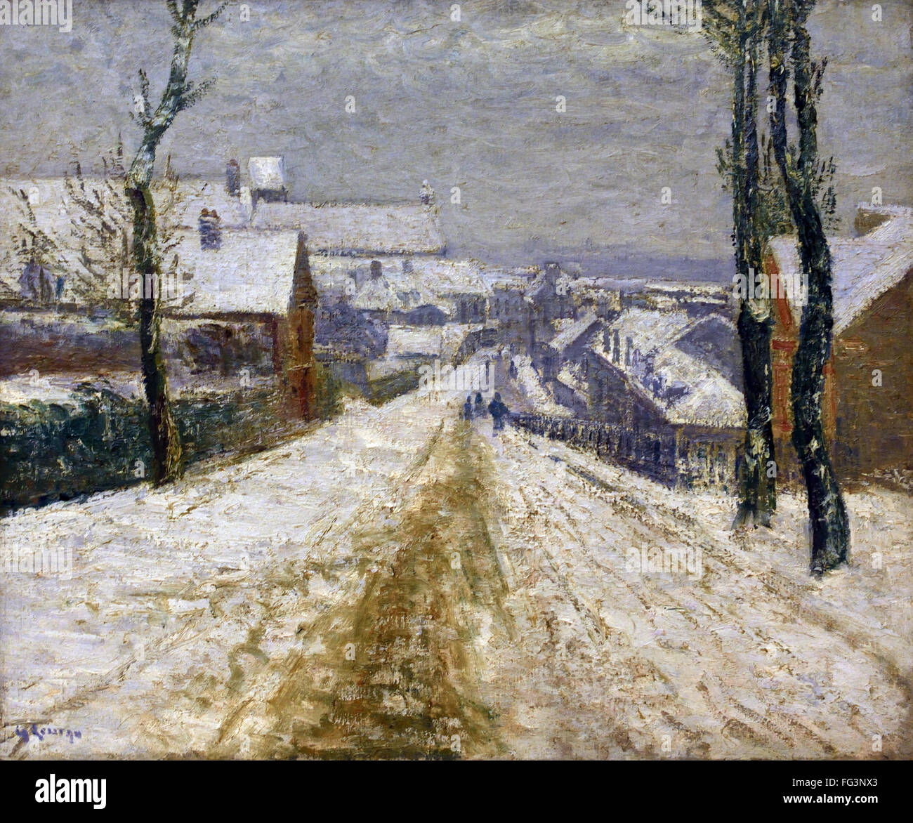 Gustave Loiseau. 1865-1935 A street in Mortain snow. France French Stock Photo
