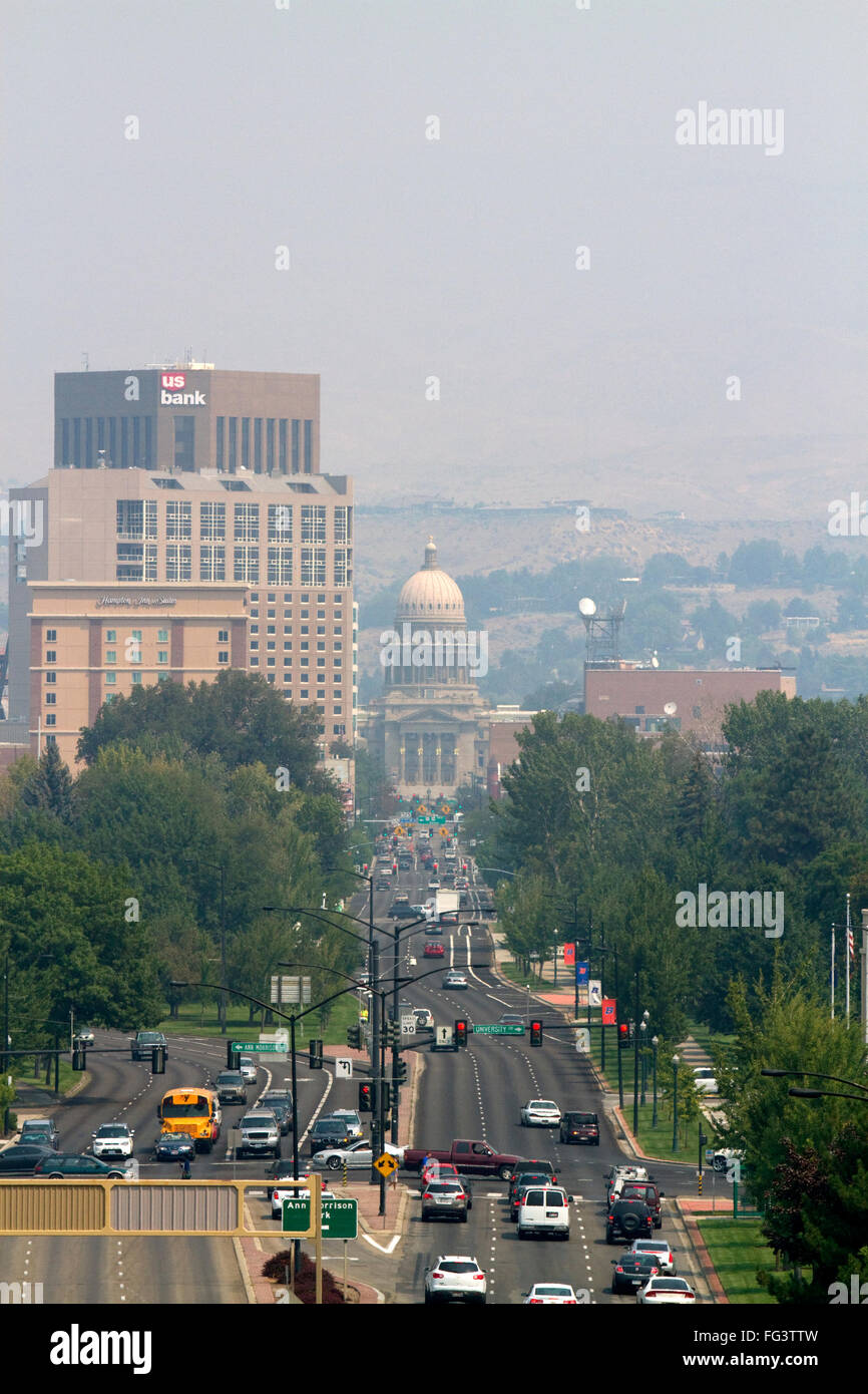Smoke filled air caused by wildfires settles into the city of Boise, Idaho, USA. Stock Photo
