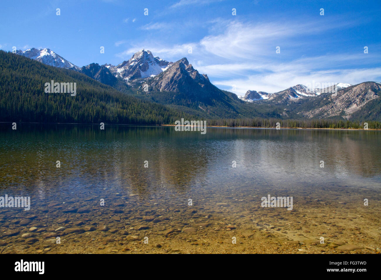 Stanley Lake at the base of McGown Peak in the Sawtooth Mountains near Stanley, Idaho, USA. Stock Photo