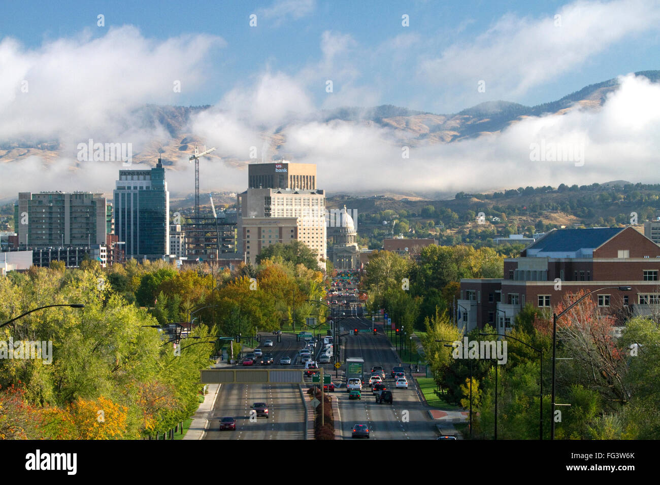 View of capital boulevard and the Idaho state capitol building on a misty morning in downtown Boise, Idaho, USA. Stock Photo