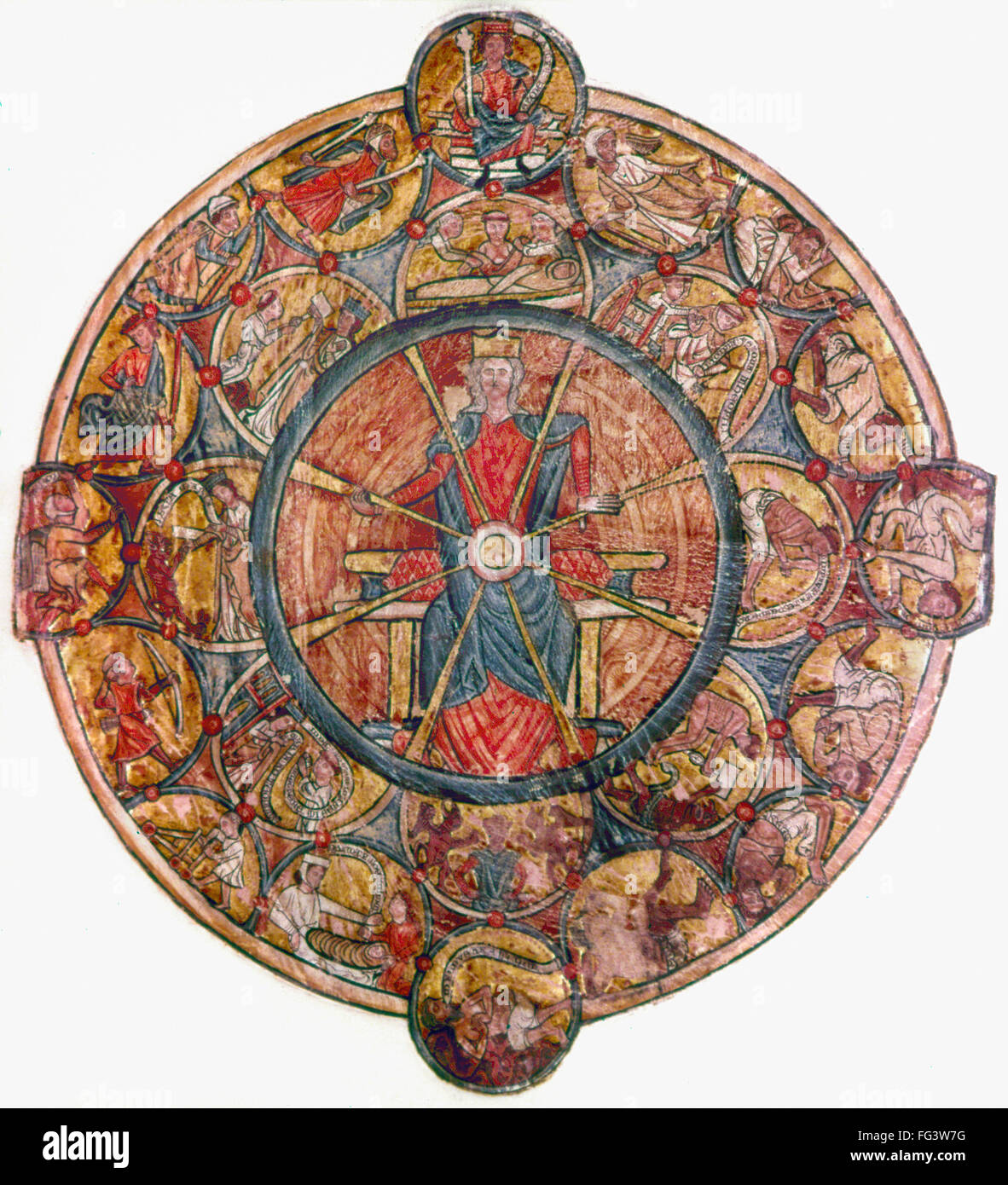 THEOPHILUS OF ADANA /n(d. c538). Also known as Saint Theophilus the Penitent. Orthodox cleric; archdeacon of Adana, Cilicia. The story of Theophilus depicted with imagery of the Wheel of Fortune and the Ages of Man. Illumination from an English psalter by Stock Photo