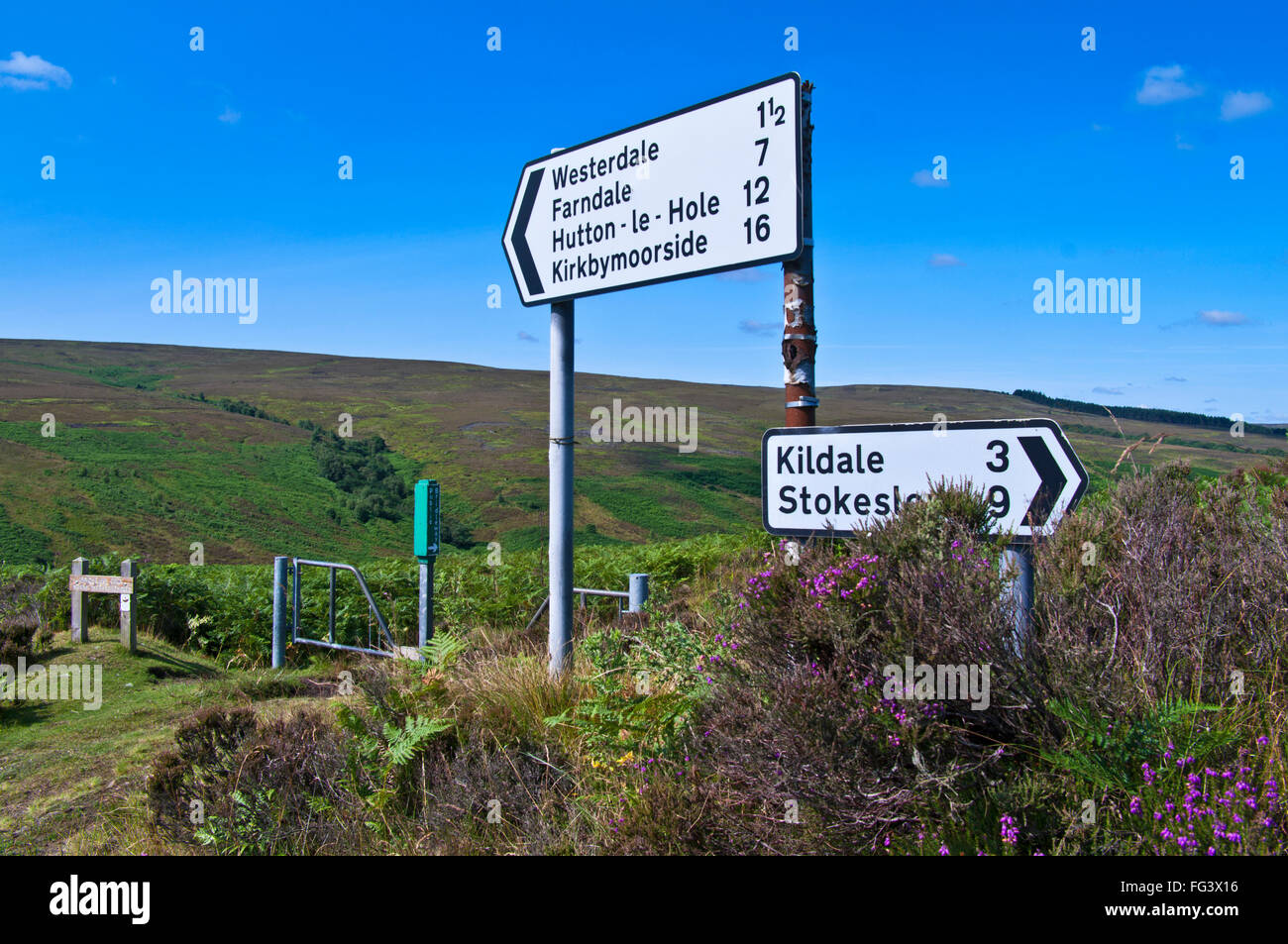 Signposts and bridleway sign at road junction high on Kildale Moor