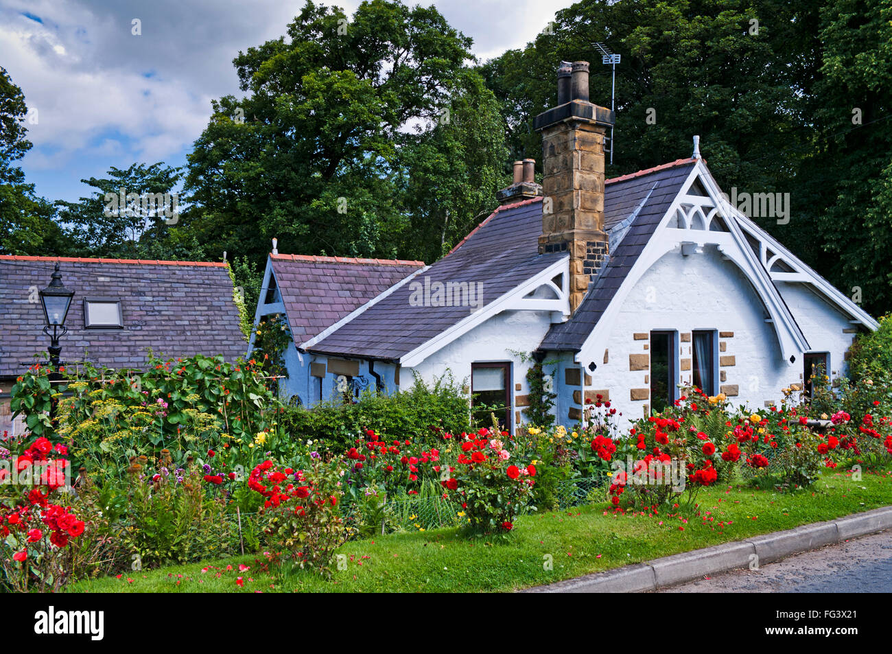 Quaint picturesque quirky cottage with pretty garden and red roses blooming on roadside verge, near Great Ayton, North Yorkshire Stock Photo