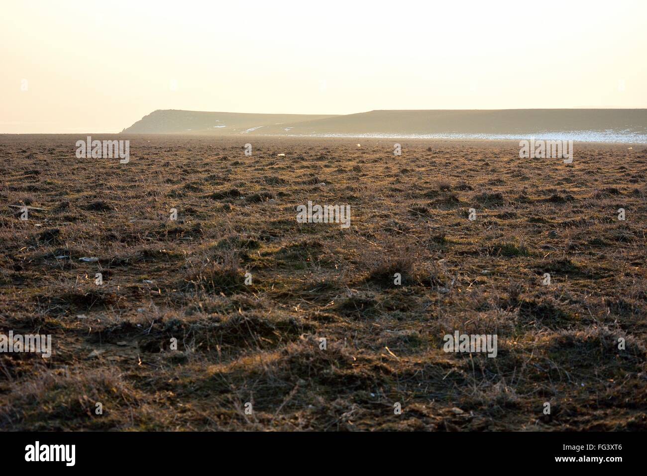 Frosty plateau in hills in Azerbaijan. Winter in the hills near Lokbatan, a small town 15km south west of Baku, Azerbaijan Stock Photo