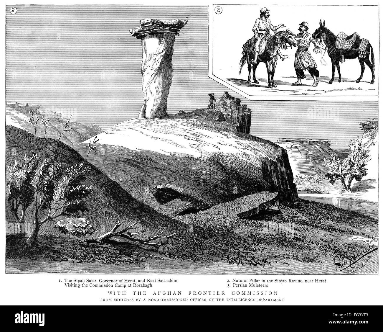 AFGHANISTAN: PILLAR, 1885. /nA natural pillar in the Sinjao Ravine, near Herat, Afghanistan. In the inset is an illustration of Persian Muleteers. Wood engraving, English, 1885. Stock Photo