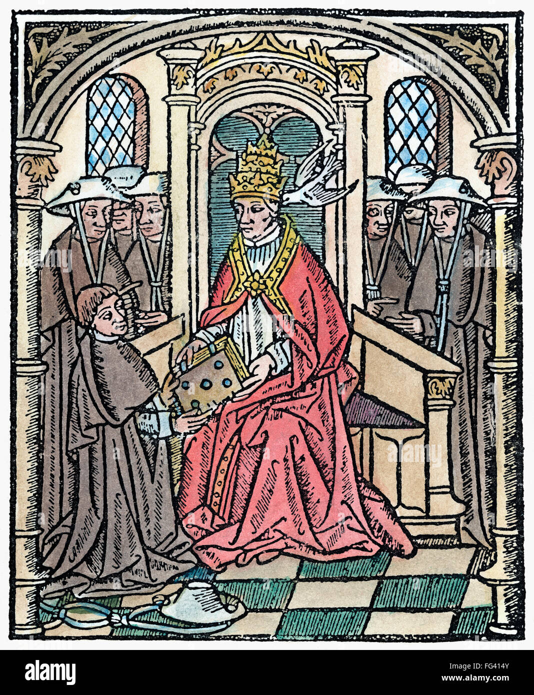 POPE GREGORY I (c540-604). /nKnown as Gregory the Great. Pope, 590-604. Gregory receiving a book from a cardinal, as the Holy Spirit whispers into his ear. Metalcut, French, 16th century. Stock Photo