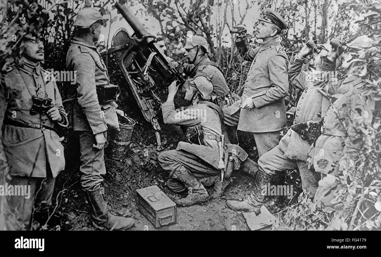 WWI: ANTI-AIRCRAFT, c1914. /nGerman soldiers with an anti-aircraft machine gun searching for airplanes. Photograph, c1914. Stock Photo
