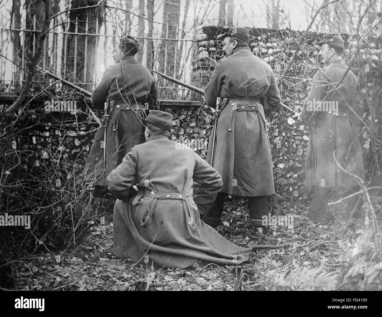 WWI: SOLDIERS, c1914. /nFrench soldiers guarding a chateau in France. Photograph, c1914. Stock Photo