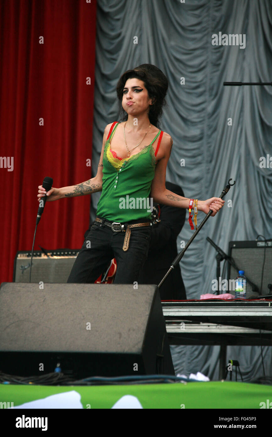 Amy Winehouse performing on the Pyramid stage Glastonbury Festival