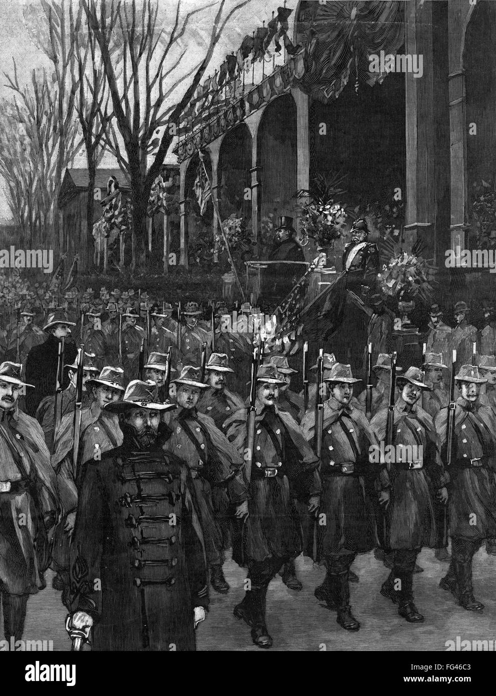 CLEVELAND INAUGURATION. /nPennsylvania troops marching past the review stand during the inaugural parade for President Grover Cleveland in Washington, D.C., 4 March 1893. Contemporary American wood engraving after a drawing by W.P. Snyder. Stock Photo