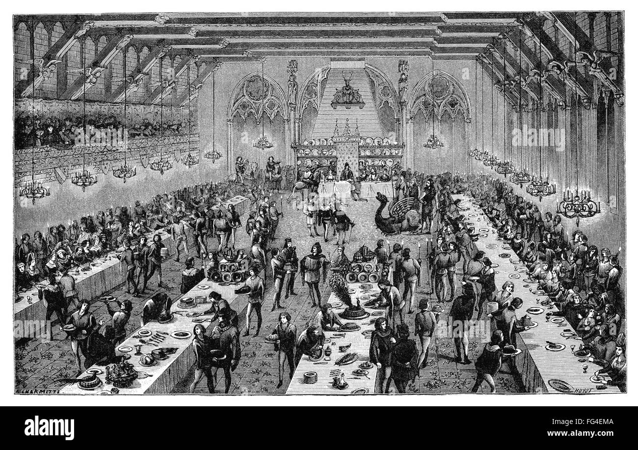 BANQUET, 14th CENTURY. /nA Grand Ceremonial Banquet at the Court of France in the 14th century. Reconstruction based on miniatures and narratives of the period, from the 'Dictionnaire du Mobilier Francais,' by Eugene Viollet le Duc, 1858. Stock Photo