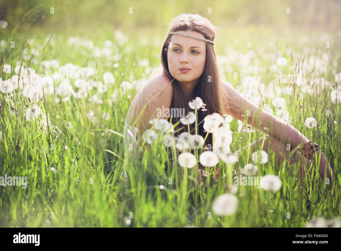 Beautiful woman with carefree expression . Nature harmony Stock Photo