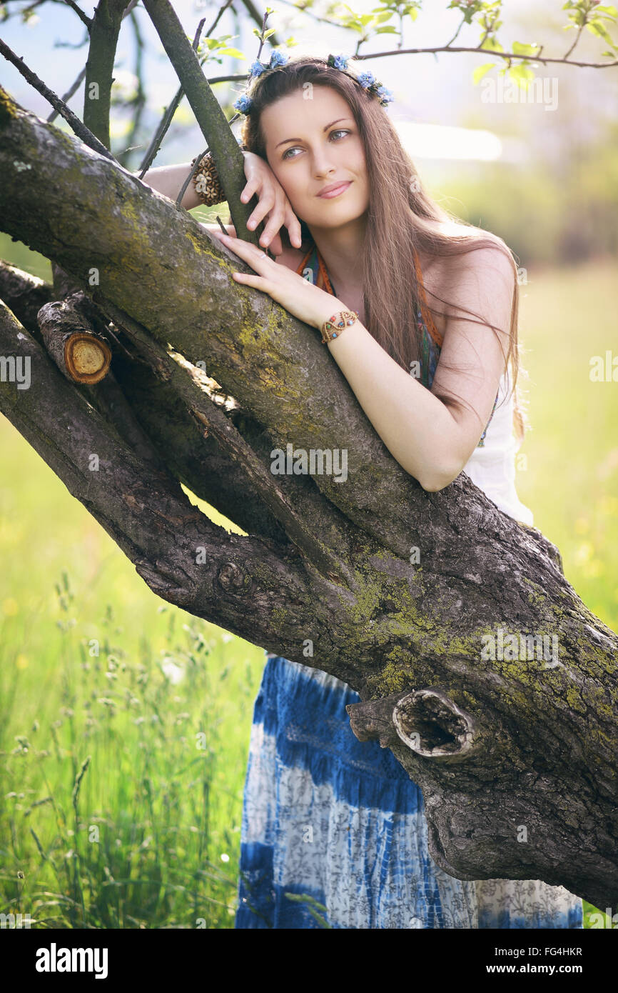 Beautiful woman enjoying nature . Serenity and harmony conceptual Stock Photo