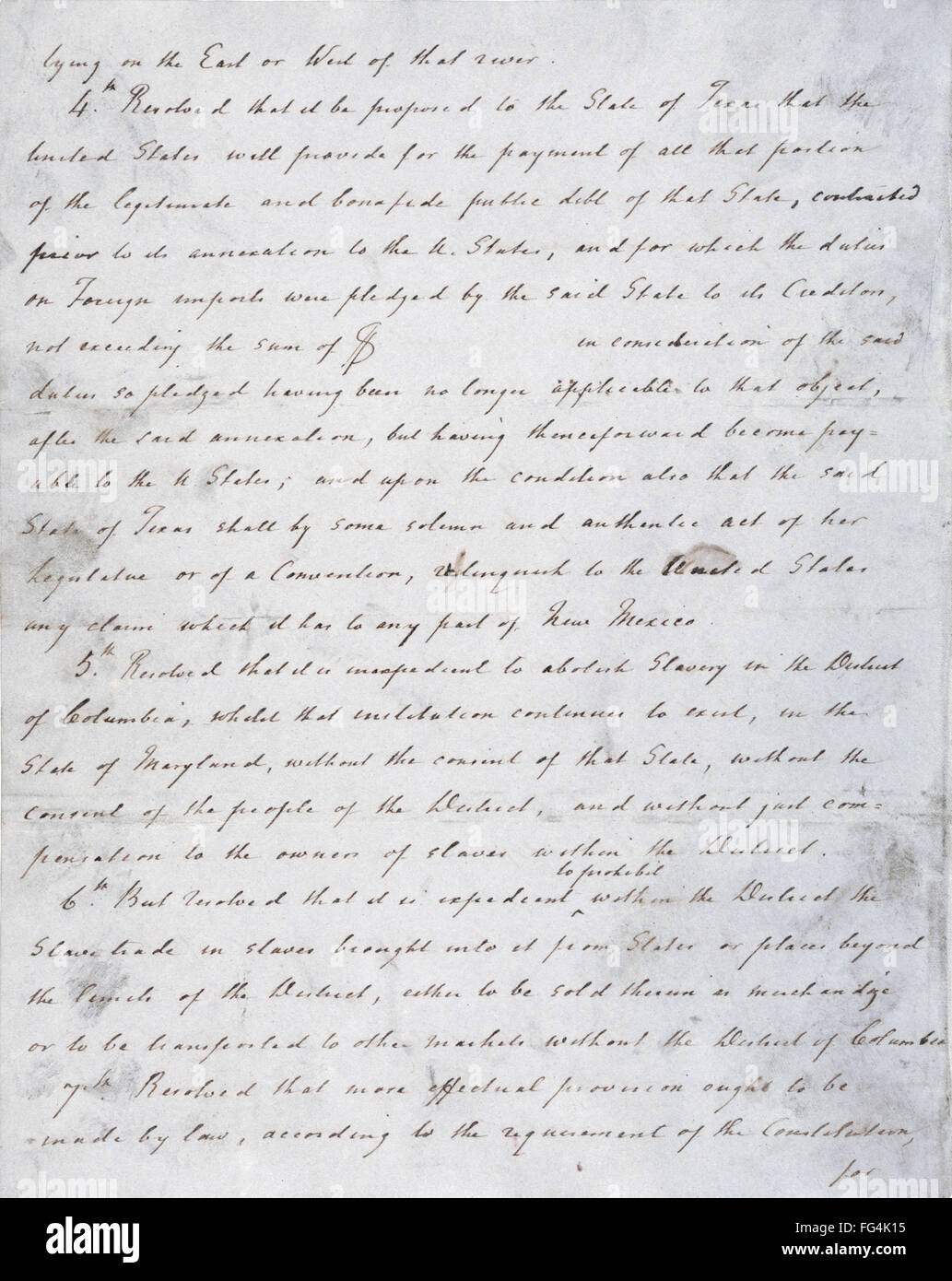 COMPROMISE OF 1850. /nHenry Clay's handwritten draft of resolutions, part of the Compromise of 1850. Stock Photo