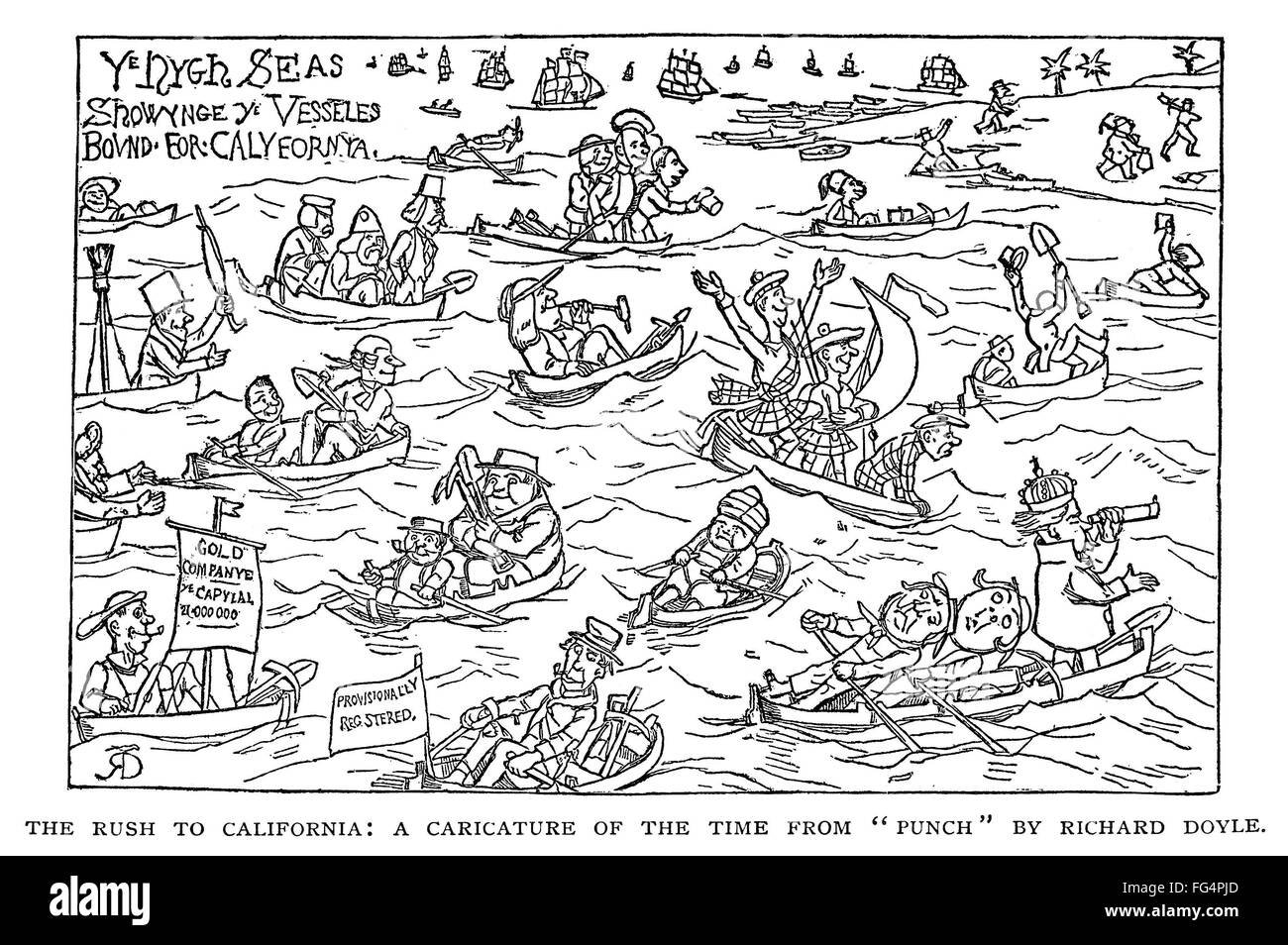 GOLD RUSH: BRITISH CARTOON. /n'The Rush to California.' Cartoon from 'Punch,' by Richard Doyle showing British men rowing across the ocean, bound for California, c1849. Stock Photo