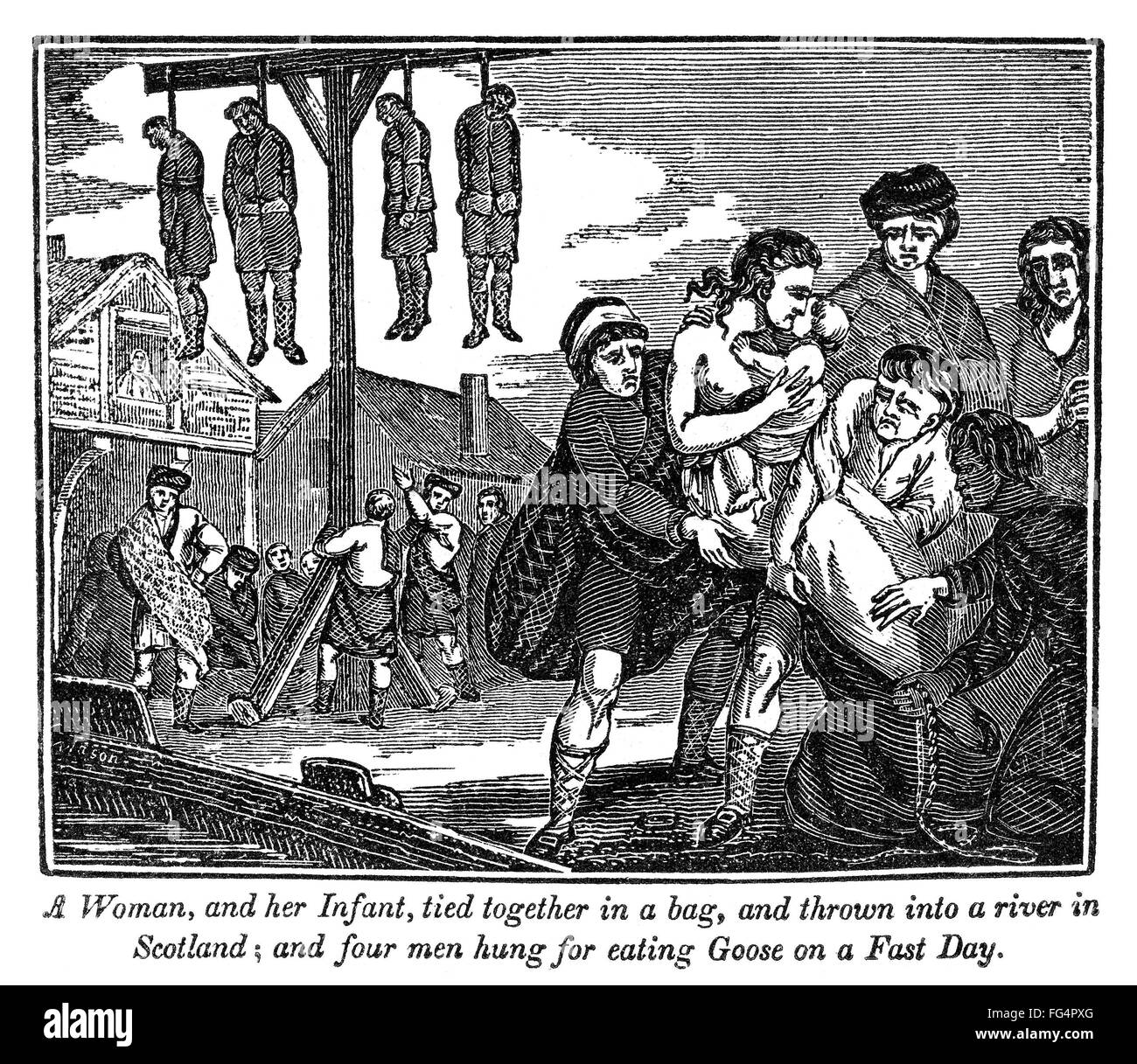 SCOTLAND: PERSECUTION, 1543. /nA woman and her infant drowned in a river, and four men hung for eating a goose on All Hallow's Eve, a fast day in Scotland, 1543. Wood engraving from the 'Book of Martyrs,' by John Foxe, 1840. Stock Photo