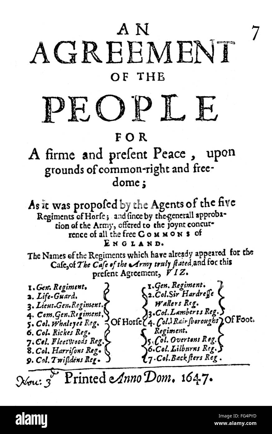 AGREEMENT OF THE PEOPLE. /nTitle page of 'An Agreement of the People,' part of a series of manifestos for constitutional changes to the English state, 1647. Stock Photo