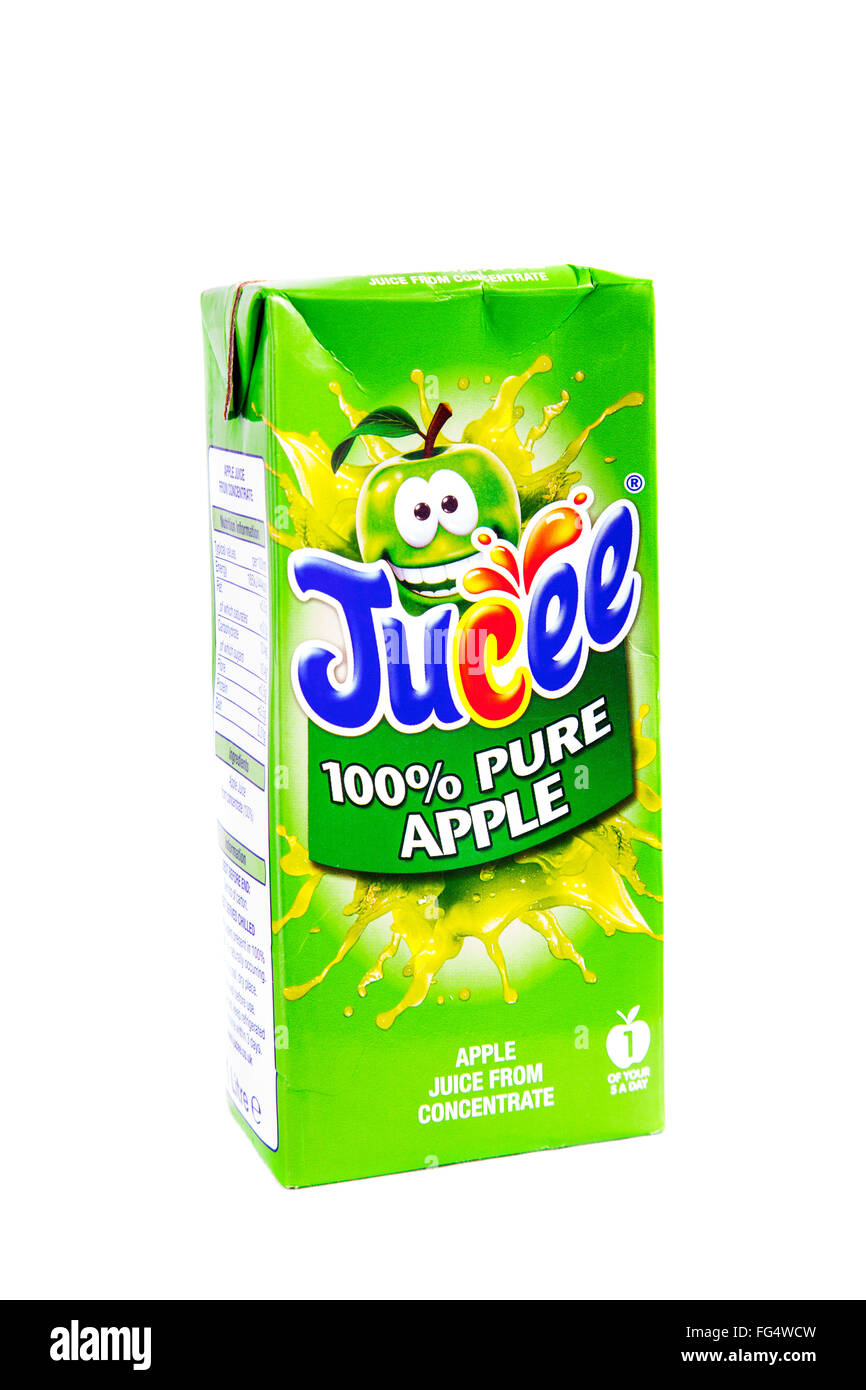 Apple juice concentrate carton 100% pure Jucee brand drink drinks cutout cut out white background isolated Stock Photo