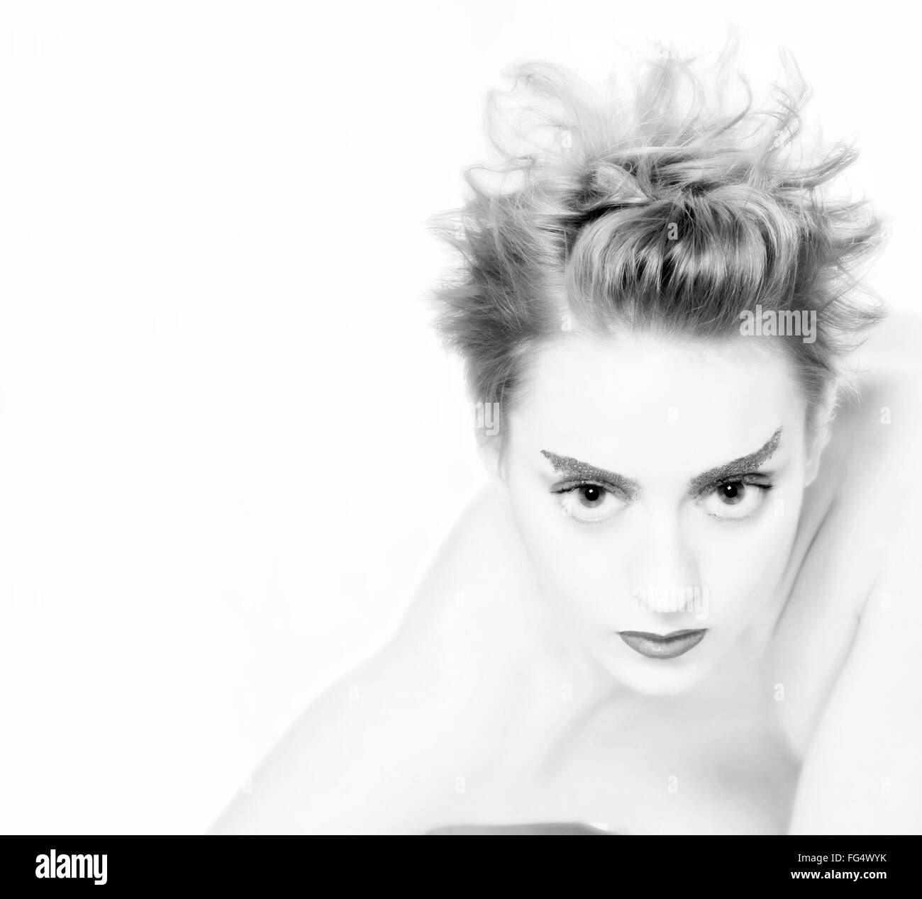 Black and white portrait of a pale woman with short hair Stock Photo