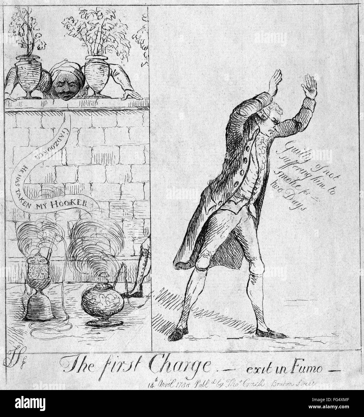 EDMUND BURKE (1729-1797). /nBritish statesman and orator. Cartoon depicting Burke (right) declaiming his case against William Hastings regarding the treatment of Raja Chait Singh, during Hastings' impeachment trial. Singh, at left, bemoans the loss of his Stock Photo