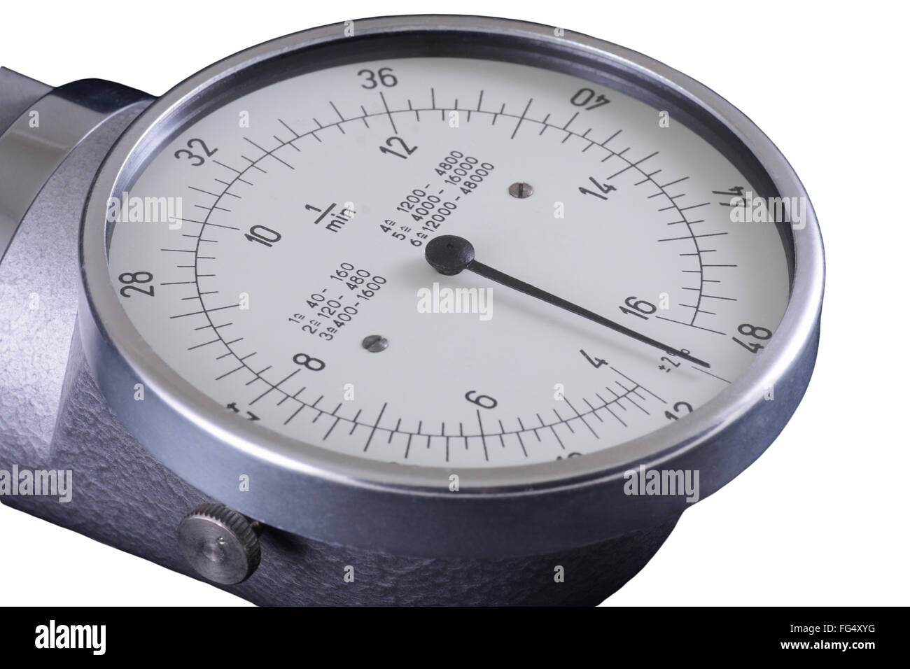 Tachometer, old RPM counter showing zero, isolated in white Stock Photo