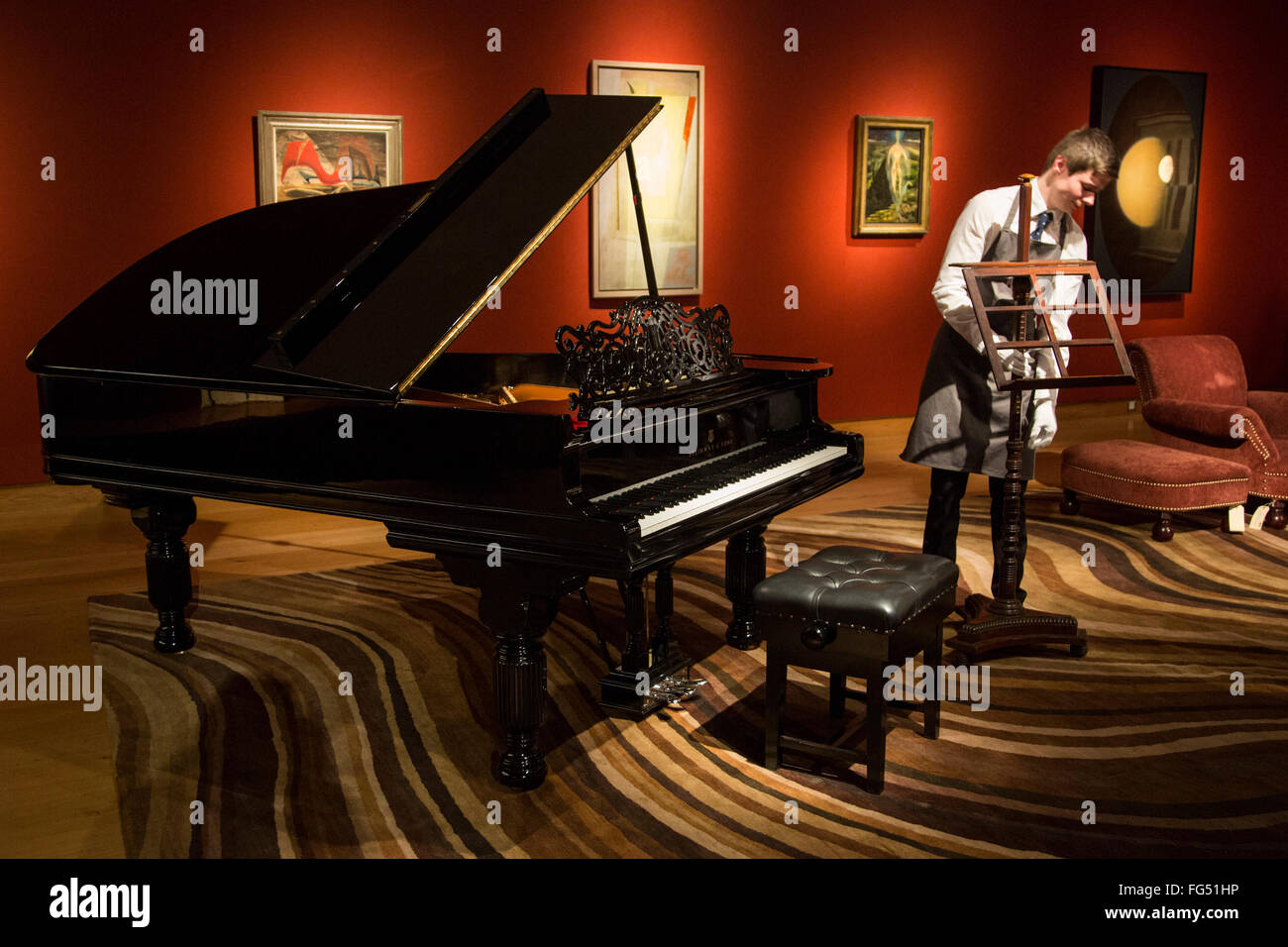 London, UK. 17 February 2016. Pictured: Sting's Steinway Grand Piano, a  German ebonised Model B grand piano from Steinway & Sons, est. GBP  30,000-50,000 and a large swirl carpet by Paul Smith,