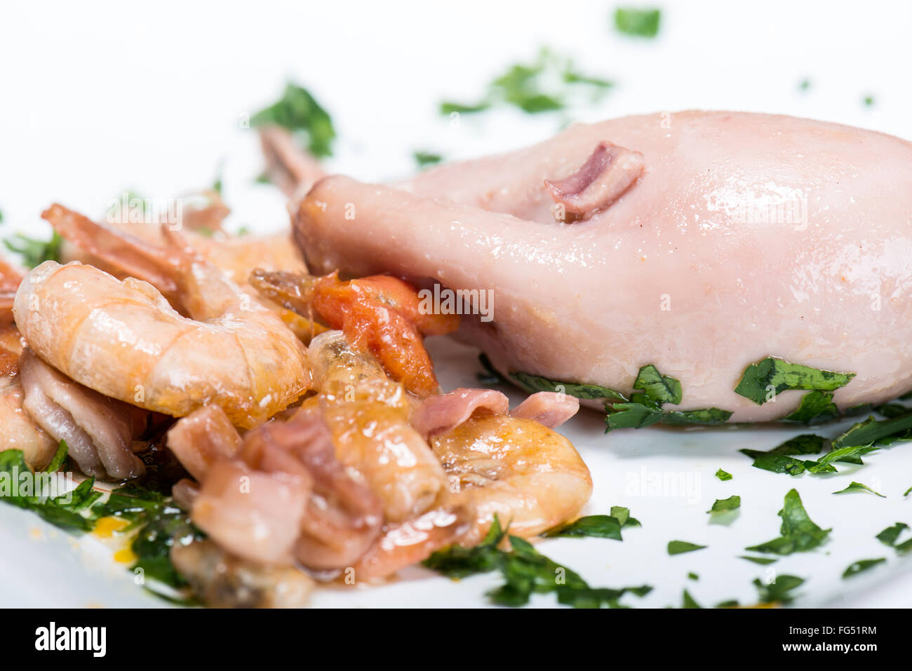Stuffed squid fried with shrimp Stock Photo - Alamy