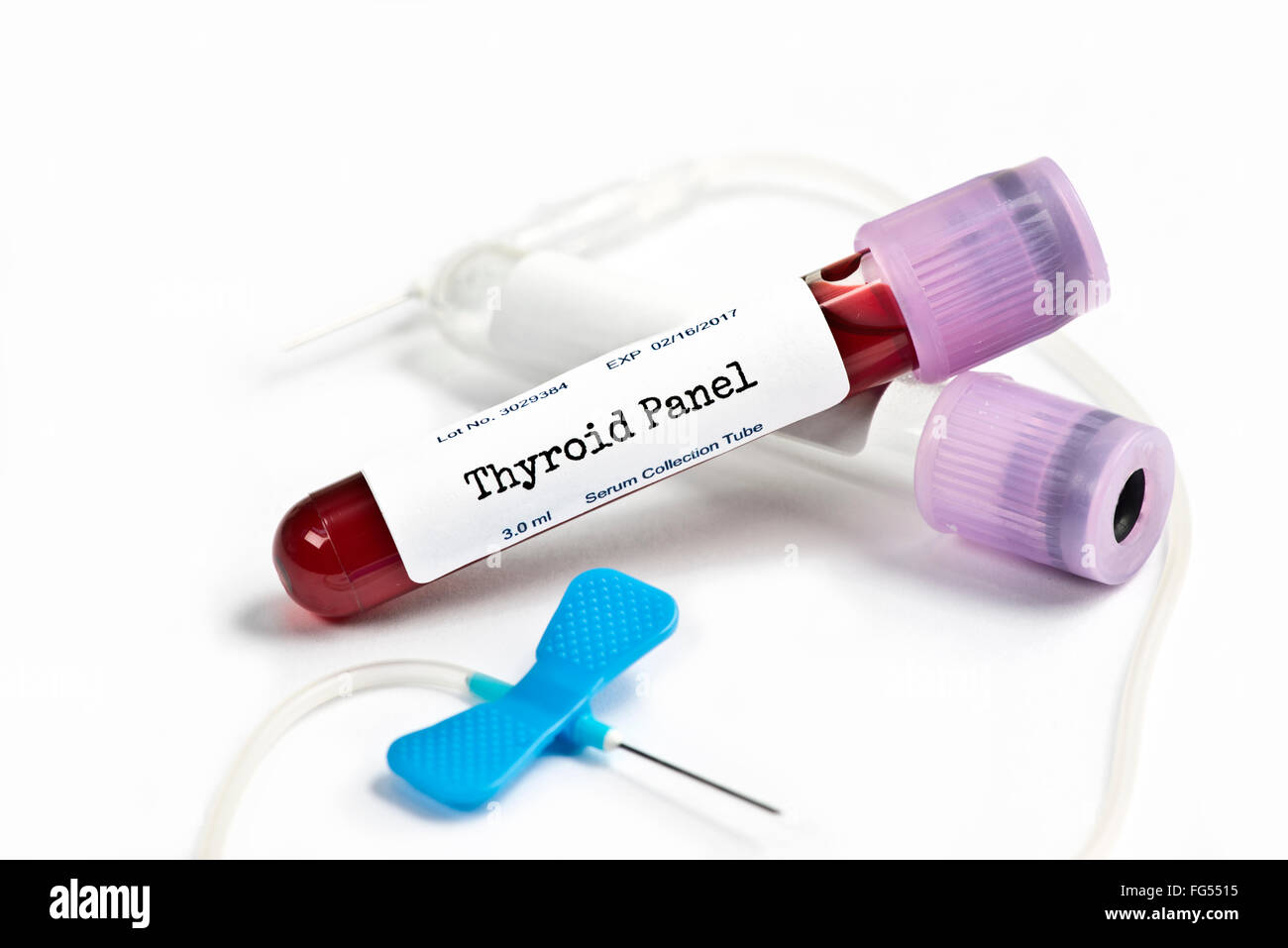 Thyroid test panel blood analysis collection tube with blood collection supplies.  Serial number is random, labels and document Stock Photo