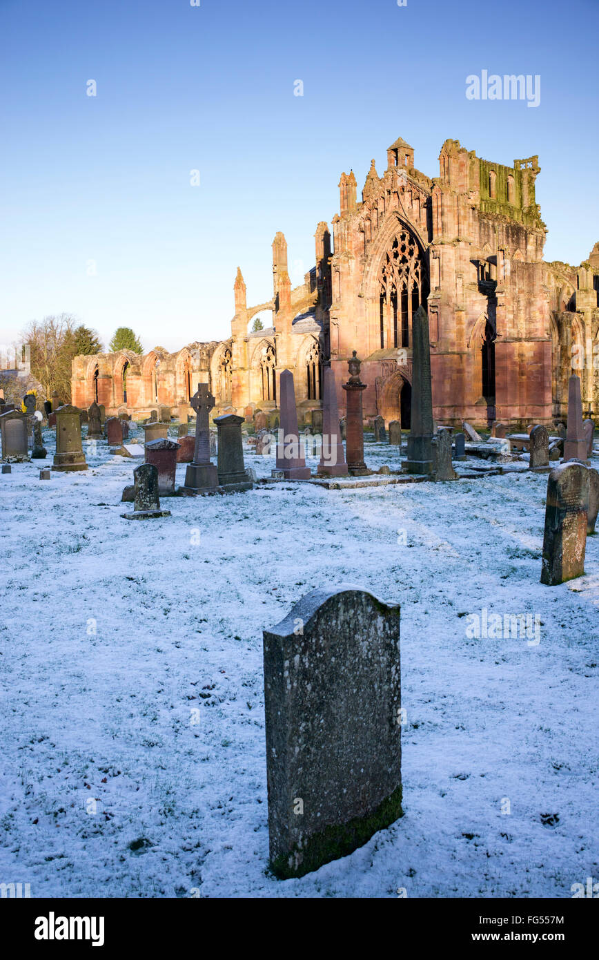 St Marys Abbey Melrose in the winter snow, Roxburghshire, Scottish Borders, Scotland Stock Photo